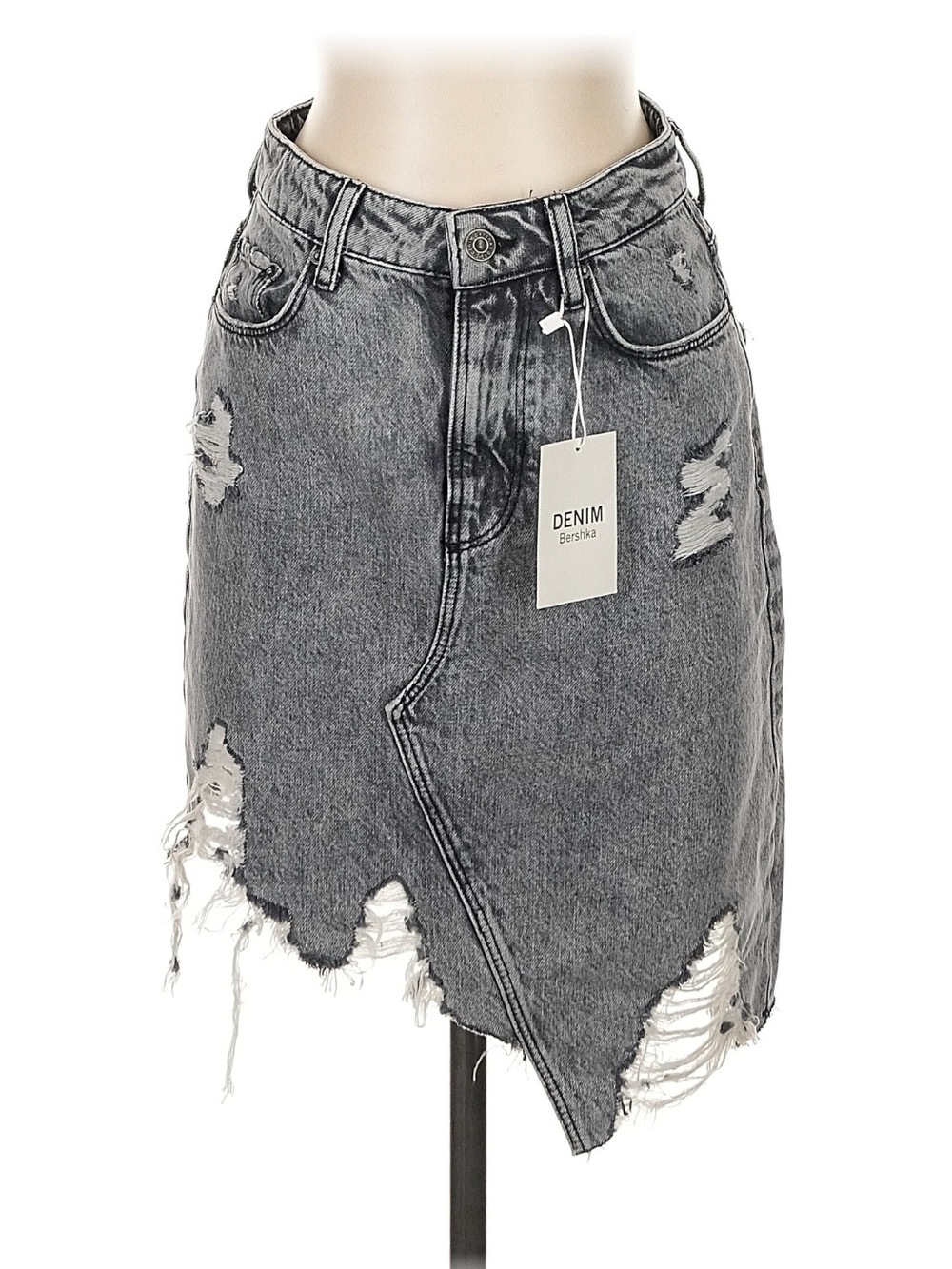 Bershka Washed Black Distressed Denim Midi Skirt